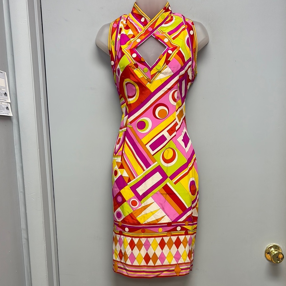 Pia Rucci Vintage Geometric Retro 100% Silk Sleeveless Dress Size 4